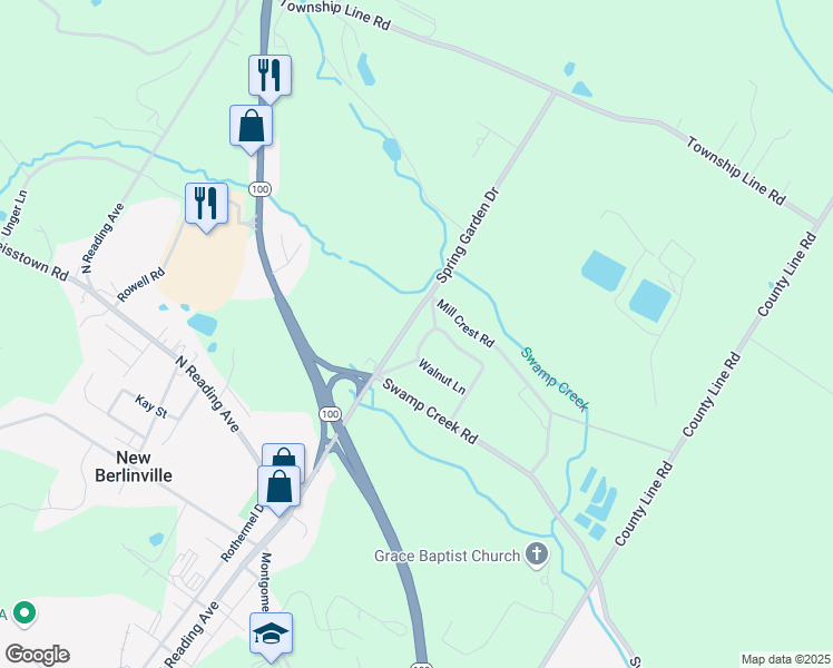 map of restaurants, bars, coffee shops, grocery stores, and more near 91 Cherry Lane in Bechtelsville