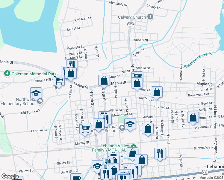 map of restaurants, bars, coffee shops, grocery stores, and more near 631 North 8th Street in Lebanon