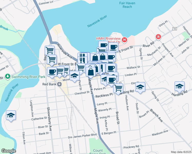 map of restaurants, bars, coffee shops, grocery stores, and more near 64 Monmouth Street in Red Bank