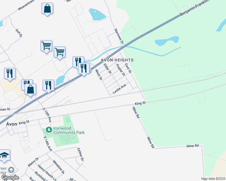 map of restaurants, bars, coffee shops, grocery stores, and more near 1911 Leslie Avenue in Lebanon