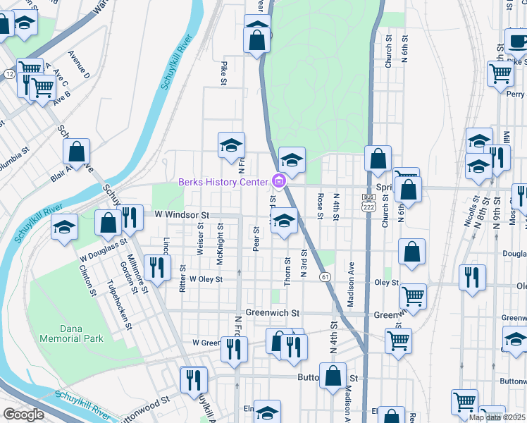 map of restaurants, bars, coffee shops, grocery stores, and more near 135 Windsor Street in Reading