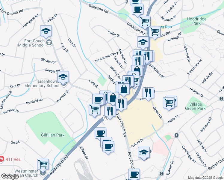 map of restaurants, bars, coffee shops, grocery stores, and more near 96 Bartley Road in Pittsburgh