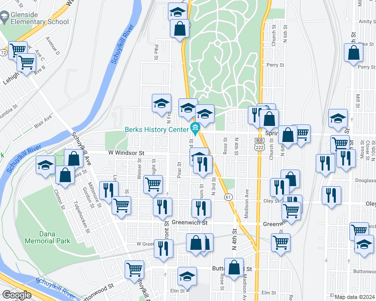 map of restaurants, bars, coffee shops, grocery stores, and more near 137 Windsor Street in Reading