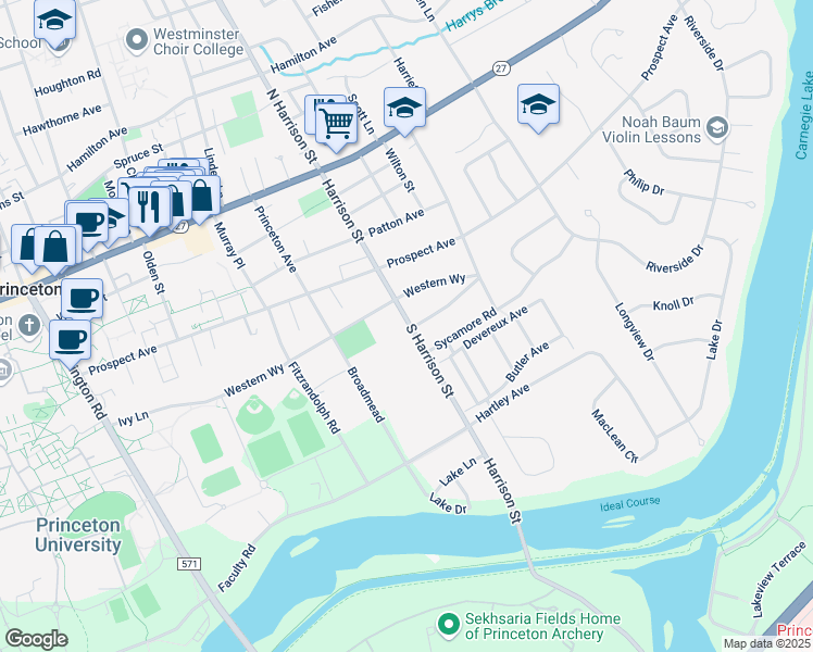map of restaurants, bars, coffee shops, grocery stores, and more near 273 Western Way in Princeton