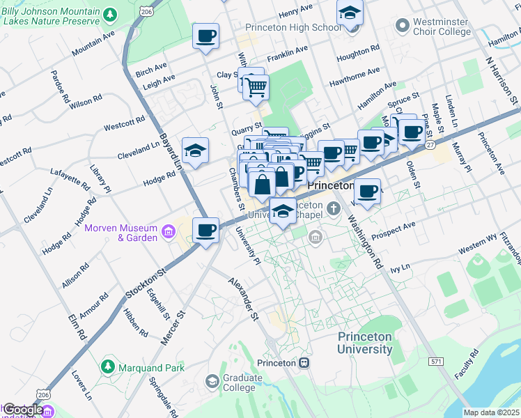 map of restaurants, bars, coffee shops, grocery stores, and more near 1 Palmer Square East in Princeton