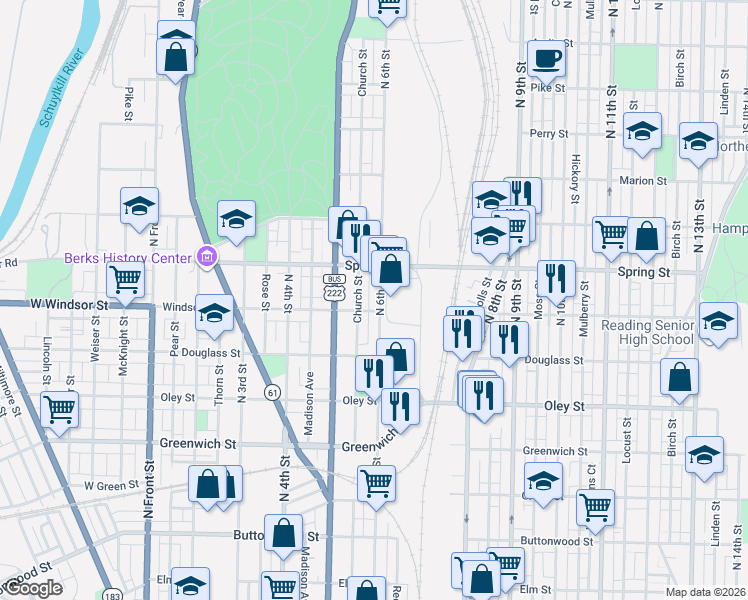 map of restaurants, bars, coffee shops, grocery stores, and more near 936 North 6th Street in Reading