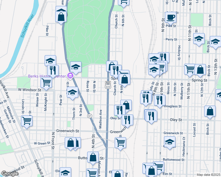 map of restaurants, bars, coffee shops, grocery stores, and more near 937 North 5th Street in Reading