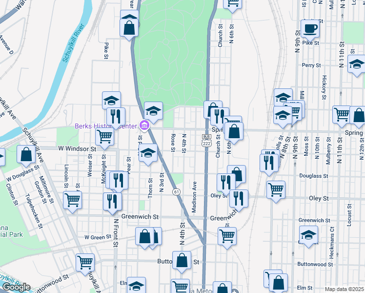 map of restaurants, bars, coffee shops, grocery stores, and more near 931 Rose Street in Reading