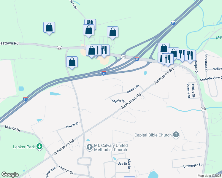 map of restaurants, bars, coffee shops, grocery stores, and more near 7853 Oakbrook Drive in Skyline View