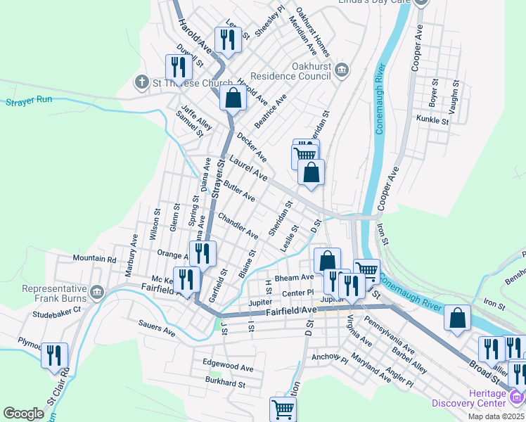 map of restaurants, bars, coffee shops, grocery stores, and more near 307 Garfield Street in Johnstown