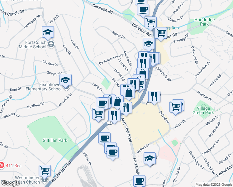 map of restaurants, bars, coffee shops, grocery stores, and more near 96 Bartley Road in Pittsburgh