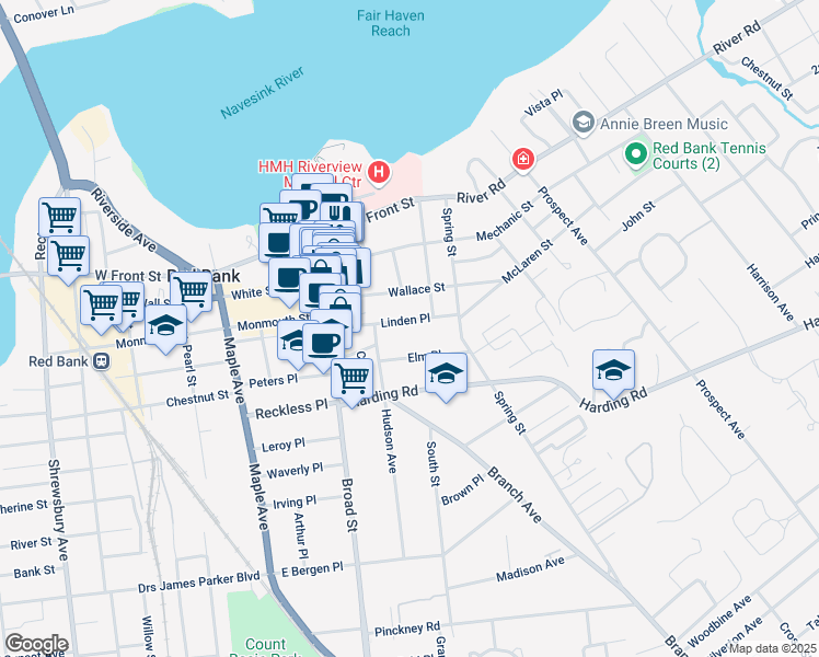 map of restaurants, bars, coffee shops, grocery stores, and more near 60 Wallace Street in Red Bank
