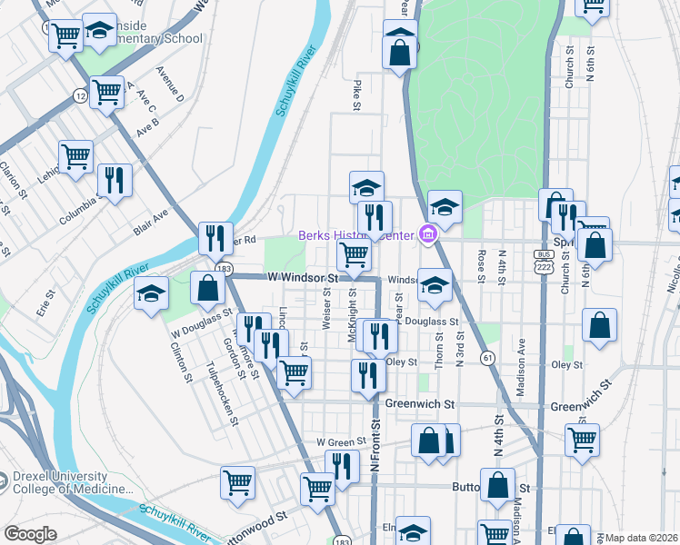 map of restaurants, bars, coffee shops, grocery stores, and more near 935 Weiser Street in Reading