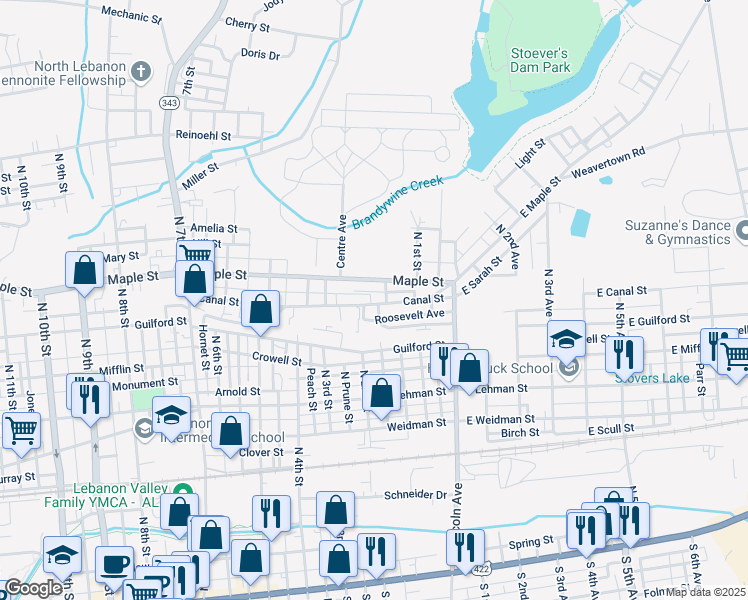 map of restaurants, bars, coffee shops, grocery stores, and more near 129 Canal Street in Lebanon