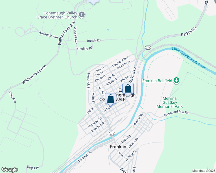 map of restaurants, bars, coffee shops, grocery stores, and more near 277-299 4th St in Johnstown