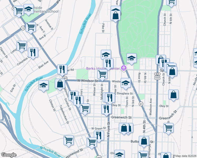 map of restaurants, bars, coffee shops, grocery stores, and more near 935 Weiser Street in Reading