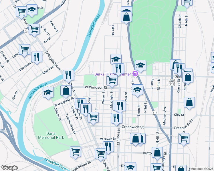 map of restaurants, bars, coffee shops, grocery stores, and more near 153 West Windsor Street in Reading