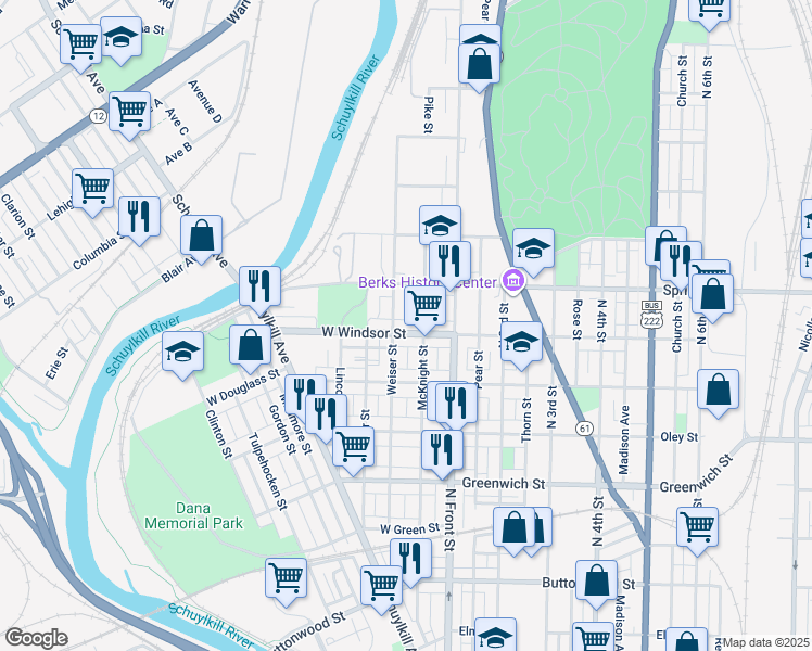 map of restaurants, bars, coffee shops, grocery stores, and more near 153 West Windsor Street in Reading