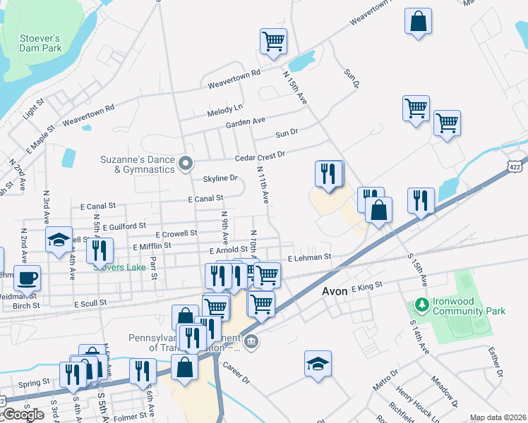 map of restaurants, bars, coffee shops, grocery stores, and more near 25 North 11th Avenue in Lebanon