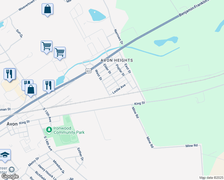 map of restaurants, bars, coffee shops, grocery stores, and more near 1911 Leslie Avenue in Lebanon