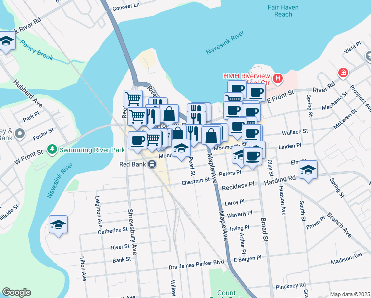 map of restaurants, bars, coffee shops, grocery stores, and more near 120 Monmouth Street in Red Bank