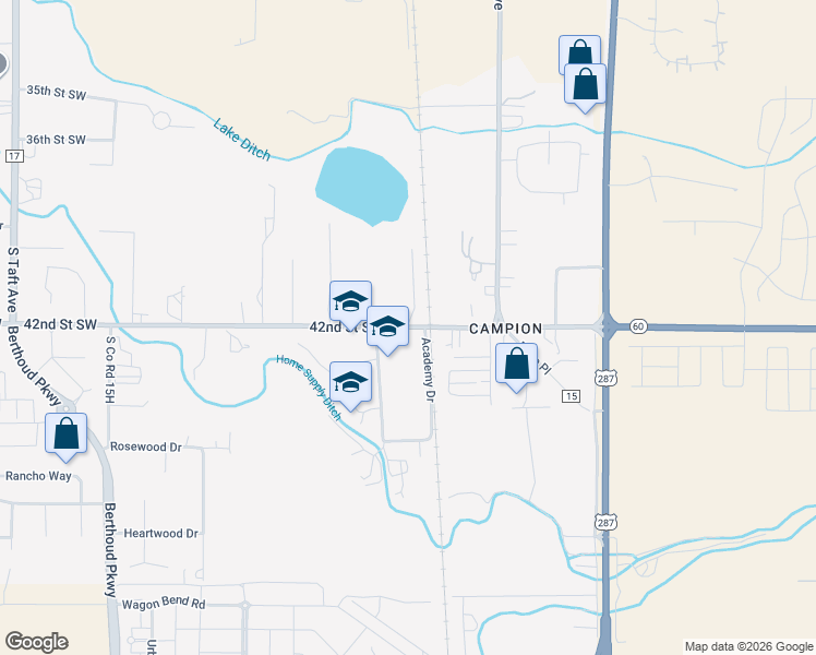 map of restaurants, bars, coffee shops, grocery stores, and more near 335 Southwest 42nd Street in Loveland