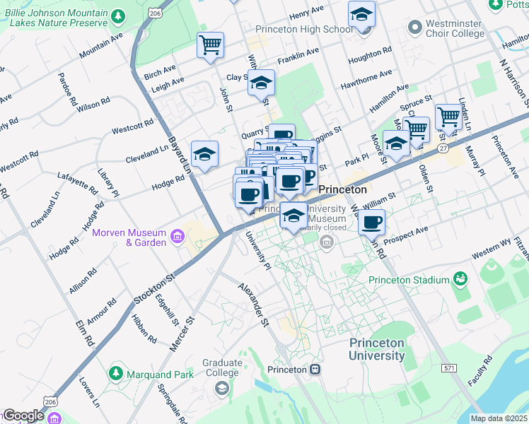 map of restaurants, bars, coffee shops, grocery stores, and more near 40 Nassau Street in Princeton
