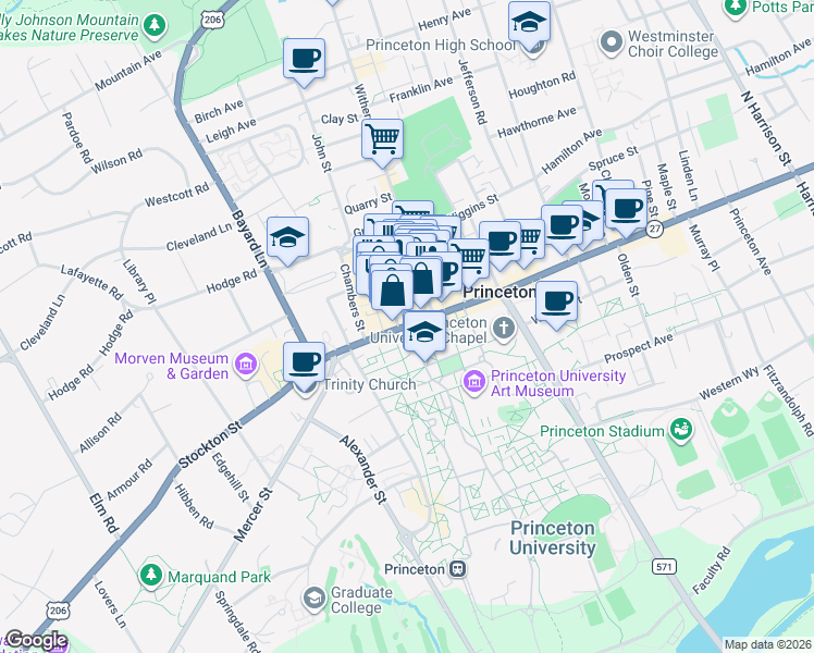 map of restaurants, bars, coffee shops, grocery stores, and more near 73 Nassau Street in Princeton