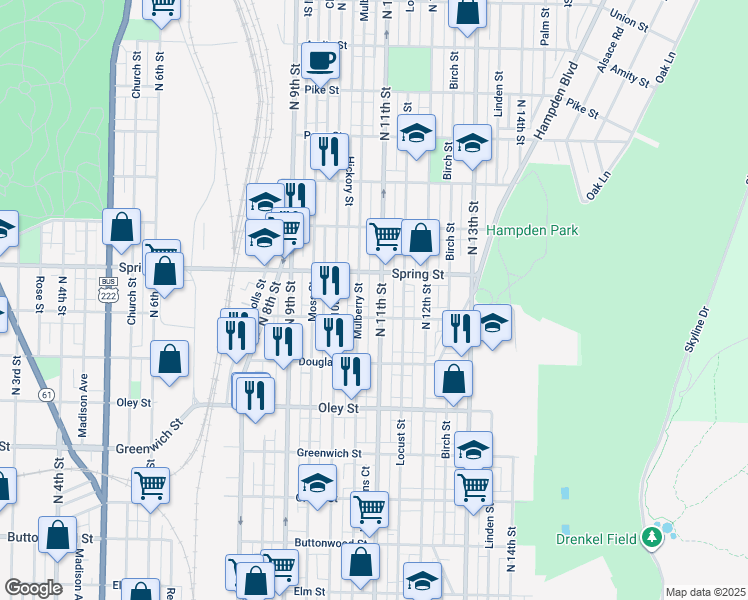 map of restaurants, bars, coffee shops, grocery stores, and more near 924 North 11th Street in Reading