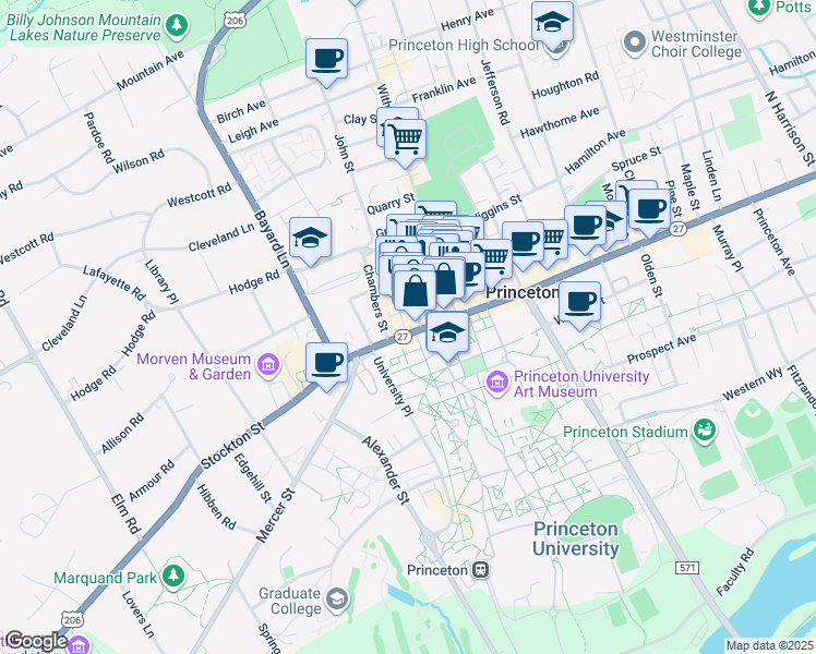 map of restaurants, bars, coffee shops, grocery stores, and more near 1 Palmer Square East in Princeton