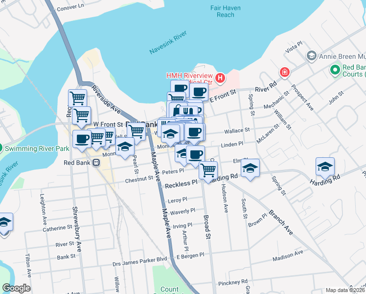 map of restaurants, bars, coffee shops, grocery stores, and more near 36 Monmouth Street in Red Bank
