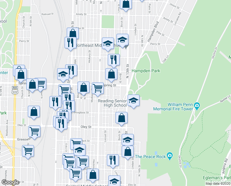 map of restaurants, bars, coffee shops, grocery stores, and more near 923 North 12th Street in Reading