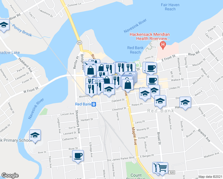 map of restaurants, bars, coffee shops, grocery stores, and more near 120 Monmouth Street in Red Bank