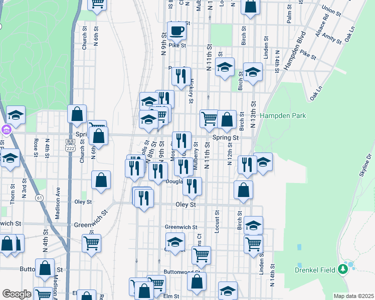 map of restaurants, bars, coffee shops, grocery stores, and more near 950 North 10th Street in Reading