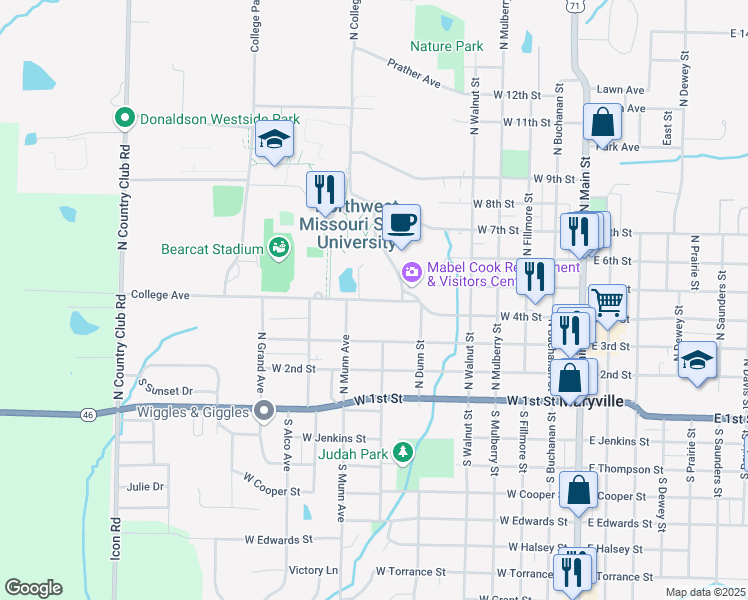 map of restaurants, bars, coffee shops, grocery stores, and more near 703 College Avenue in Maryville