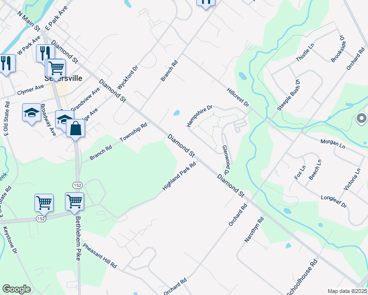 map of restaurants, bars, coffee shops, grocery stores, and more near 719 Diamond Street in Sellersville