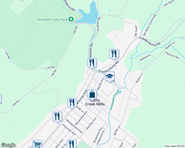 map of restaurants, bars, coffee shops, grocery stores, and more near 1460 Friedensburg Road in Reading
