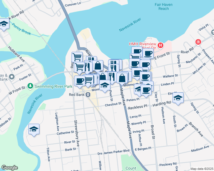 map of restaurants, bars, coffee shops, grocery stores, and more near 9 Wall Street in Red Bank