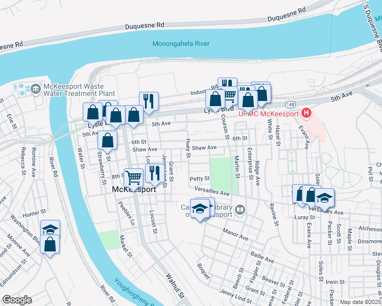 map of restaurants, bars, coffee shops, grocery stores, and more near 550 6th Street in McKeesport