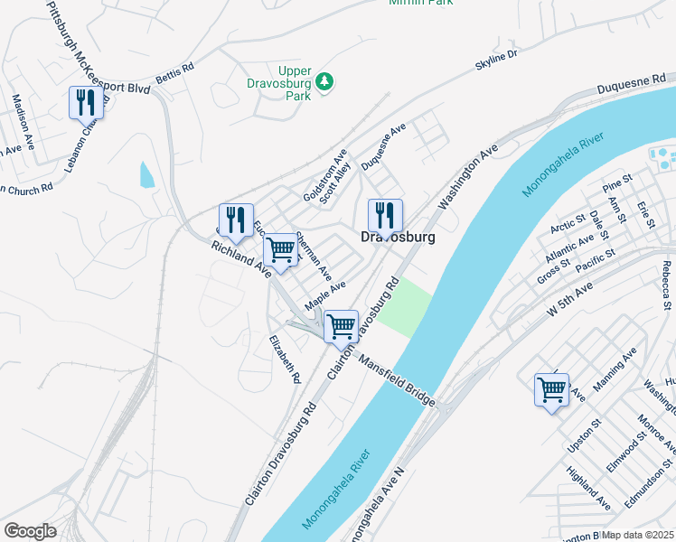 map of restaurants, bars, coffee shops, grocery stores, and more near 101 Ridge Avenue in Dravosburg