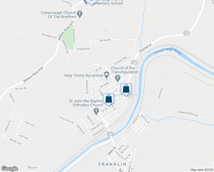 map of restaurants, bars, coffee shops, grocery stores, and more near 238 3rd Street in Johnstown