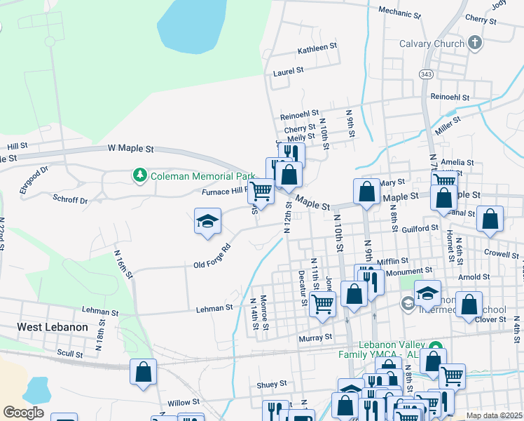map of restaurants, bars, coffee shops, grocery stores, and more near 611 North 12th Street in Lebanon
