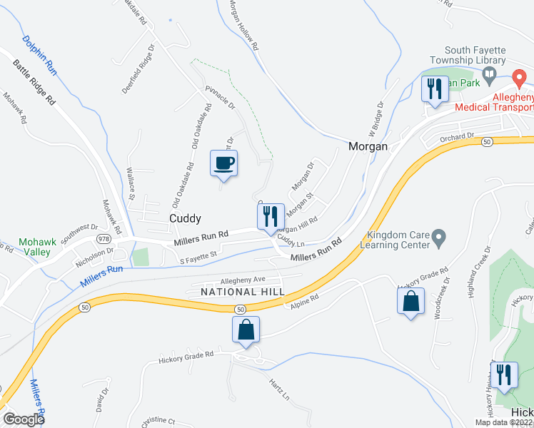 map of restaurants, bars, coffee shops, grocery stores, and more near 6 Oak Street in Cuddy