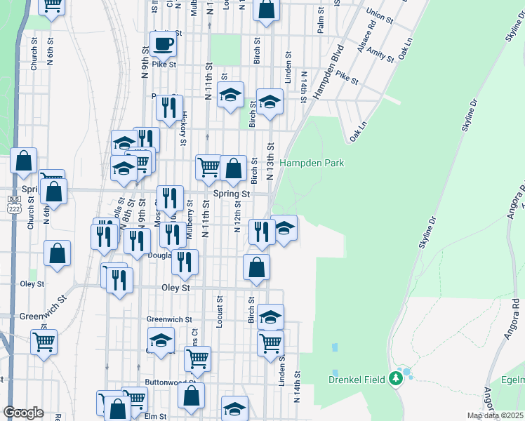 map of restaurants, bars, coffee shops, grocery stores, and more near 928 North 13th Street in Reading