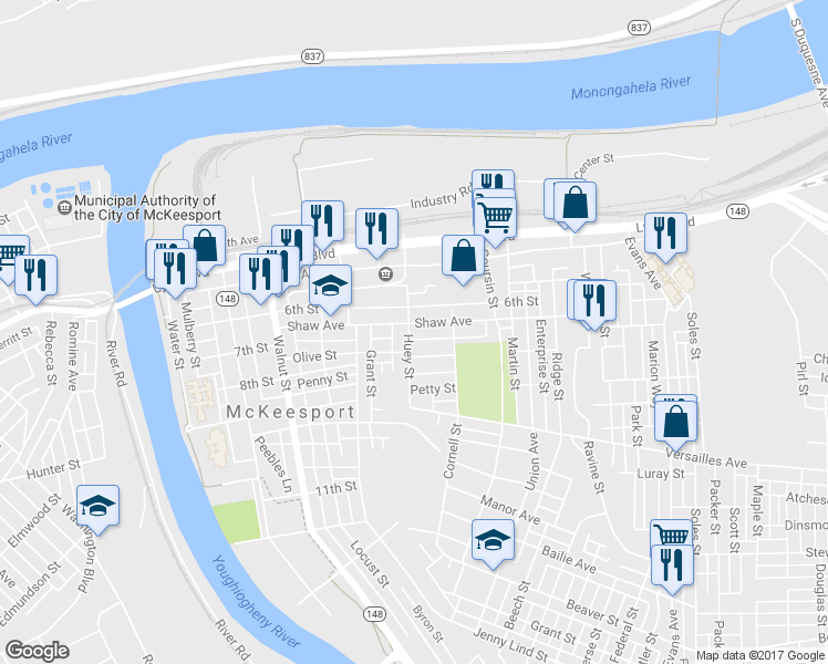 map of restaurants, bars, coffee shops, grocery stores, and more near 550 6th Street in McKeesport