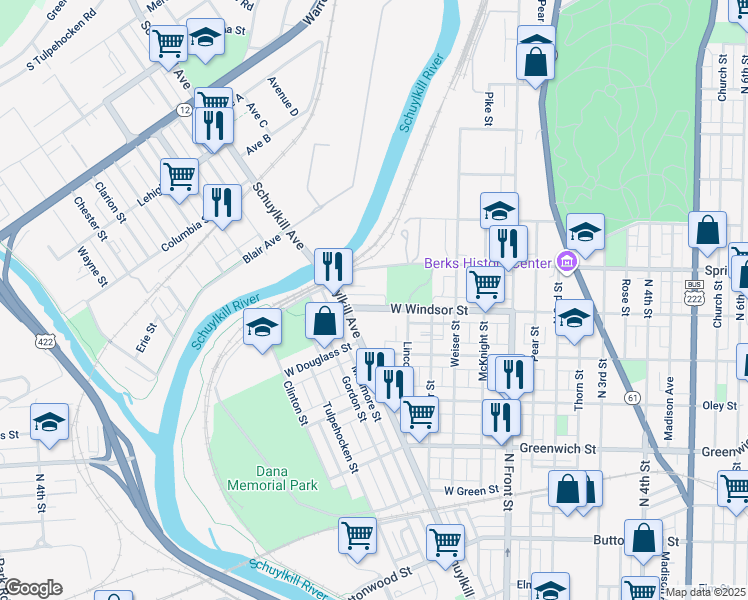 map of restaurants, bars, coffee shops, grocery stores, and more near 327 West Windsor Street in Wyomissing