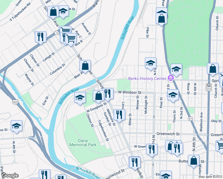 map of restaurants, bars, coffee shops, grocery stores, and more near 354 Bridge Street in Reading