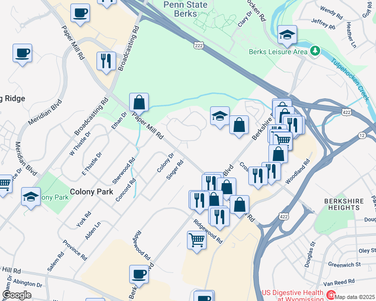 map of restaurants, bars, coffee shops, grocery stores, and more near 111 Lavender Lane in Wyomissing