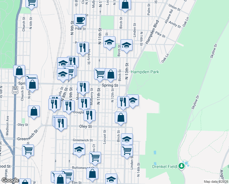 map of restaurants, bars, coffee shops, grocery stores, and more near 951 North 12th Street in Reading