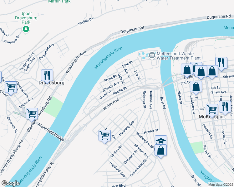 map of restaurants, bars, coffee shops, grocery stores, and more near 437 Pacific Street in McKeesport